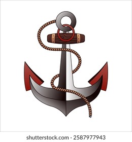 Vintage Nautical Anchor Vector Illustration with Twisted Rope and Wooden Crossbar Detailed Maritime Symbol for Sailing, Navy, Marine, Ocean, Sea Travel, Fishing, Coastal, and Tattoo Design