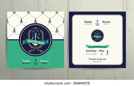 Vintage nautical anchor wreath wedding invitation card template on wood background