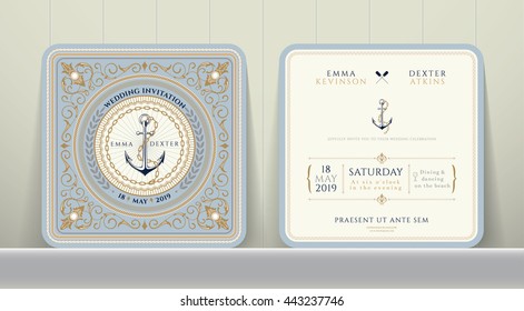 Vintage Nautical Anchors and Chain Wedding Invitation Card in Classic Style on Wood Background