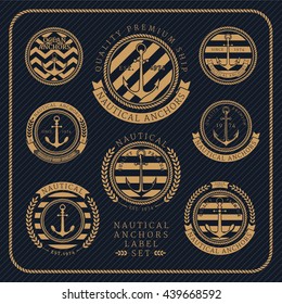 Vintage nautical anchors label set on dark striped background. Icons and design elements.