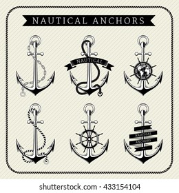 Vintage nautical anchors set label on striped background