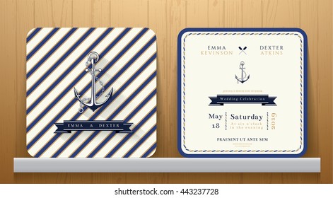 Vintage Nautical Anchors Wedding Invitation Card with Blue Striped on Wood Background