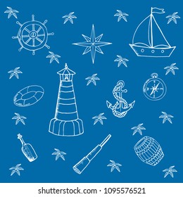 Vintage nautical background. Hand drawn vector lighthouse, anchor, lifebuoy, telescope, compass, and steering wheel