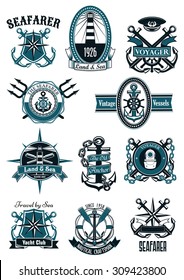 Vintage nautical badges with marine anchors, helms, compass roses, diving helmet, lighthouses, spyglasses, paddles, captain cap, tridents, framed by lifebuoys, shields, ropes, chains and ribbons