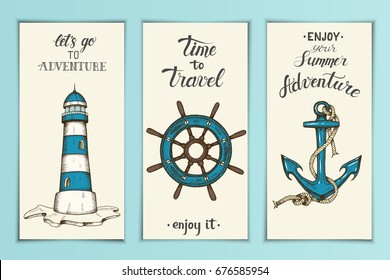 Vintage nautical banners with hand drawn vector anchor, lighthouse, wheel and hand made lettering, sketch. Can be used for layout, advertising and web design.