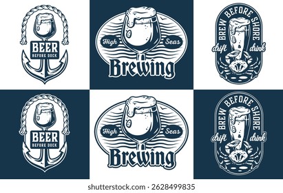 Vintage nautical brewing set featuring overflowing beer glasses, anchor entwined with rope, crab, wavy sea lines, suitable for brewery, pub, seafood restaurant branding, marine craft beer themes.