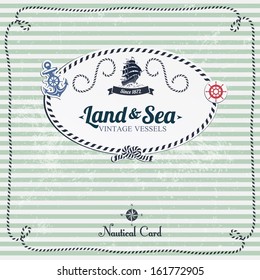 Vintage Nautical Card With Frame, Anchor And Wheel.