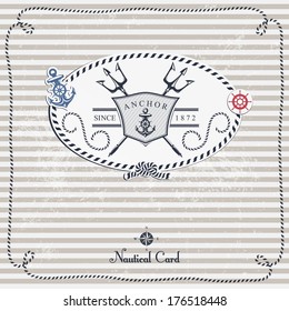 Vintage Nautical Card With Frame, Anchor And Wheel.