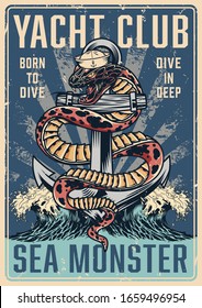 Vintage nautical colorful poster with snake in sailor hat entwined around ship anchor on sea wave background vector illustration