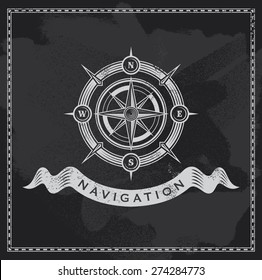 Vintage nautical compass. Chalkboard wind rose vector design.