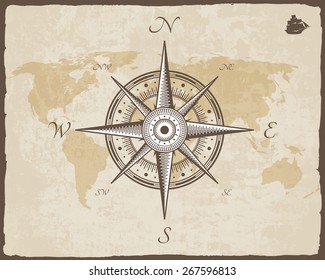 Vintage Nautical Compass. Old Map Vector Paper Texture With Torn Border Frame. Wind Rose