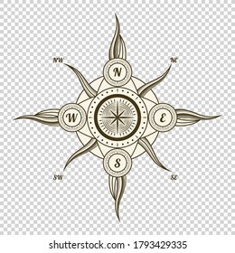 Vintage nautical compass. Old vector design element for marine theme and heraldry on transparent background. Hand drawn wind rose