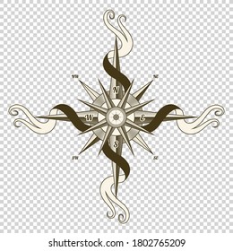 Vintage nautical compass. Old vector design element for marine theme and heraldry on transparent background. Hand drawn wind rose