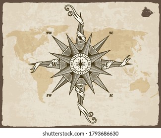 Vintage nautical compass. Old world map on vector paper texture with grunge border frame. Wind rose