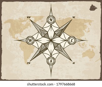 Vintage nautical compass. Old world map on vector paper texture with grunge border frame. Wind rose