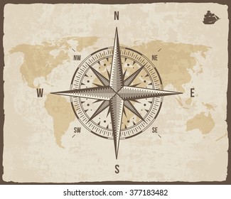 Vintage Nautical Compass. Old World Map on Vector Paper Texture with Torn Border Frame. Wind rose. Background with Ship Logo Silhouette
