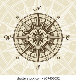Vintage nautical compass rose. Vector illustration in retro woodcut style with clipping mask.