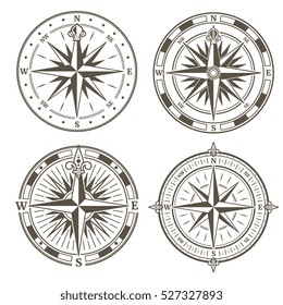 Vintage nautical compass signs vector set, retro direction symbols.