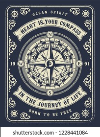 Vintage nautical concept with navigational compass wind rose and inscriptions in monochrome style vector illustration