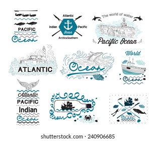 Vintage Nautical design elements Label. Retro ocean logo. Retro ocean sign. Lighthouse logo. Ocean waves lighthouse whale anchor logo. Harpoon sea hunt logo. Nature of the ocean logotype. Ship logo.