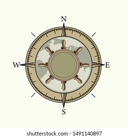 vintage nautical element with ship wheel, world map and compass, vector illustration