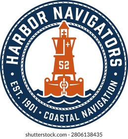 Vintage nautical emblem featuring a lighthouse and buoy, symbolizing coastal navigation since 1901