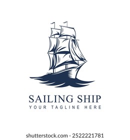 Vintage nautical emblem sailing ship in monochrome style isolated vector illustration