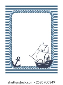 Vintage nautical frame with sea theme. Marine frame with rope, ship, anchor and seagulls. Flat illustration.