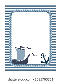 Vintage nautical frame with sea theme. Marine frame with rope, ship, anchor and seagulls. Flat illustration.