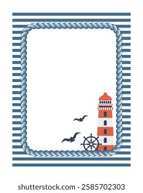 Vintage nautical frame with sea theme. Marine frame with rope, lighthouse, steering wheel. Flat illustration.