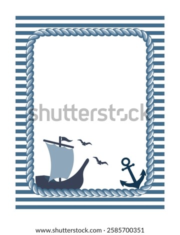 Vintage nautical frame with sea theme. Marine frame with rope, ship, anchor and seagulls. Flat illustration.