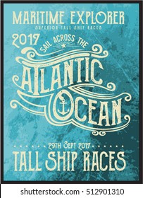 Vintage nautical graphics and Emblem with grunge background.