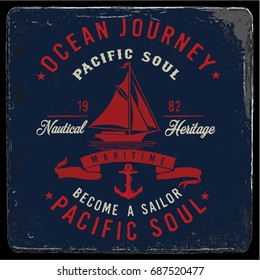 Vintage nautical graphics and Emblem with grunge background.