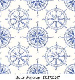 Vintage Nautical Hand-Drawn Ship Steering Wheel and Sea Compass Vector Seamless Pattern. Blue Marine Background