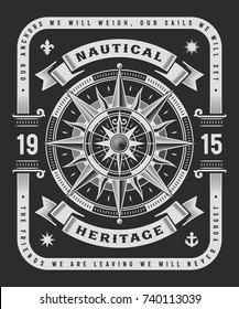 Vintage Nautical Heritage Typography On Black Background. T-shirt and label graphics in woodcut style. Editable vector illustration.