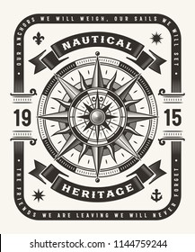 Vintage Nautical Heritage Typography (One Color). T-shirt and label graphics in woodcut style. Editable EPS10 vector illustration.