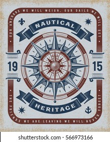 Vintage Nautical Heritage Typography. T-shirt And Label Graphics In Woodcut Style. Editable EPS10 Vector Illustration.