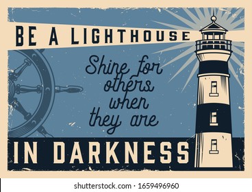 Vintage nautical horizontal poster with inscriptions ship wheel and shining lighthouse vector illustration