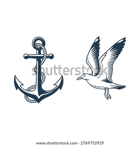 Vintage nautical illustration featuring an anchor and a soaring seagull