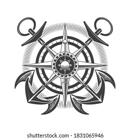 Vintage Nautical Label with Compass Wind Rose and Crossed Anchors isolated on white background. Vector illustration.