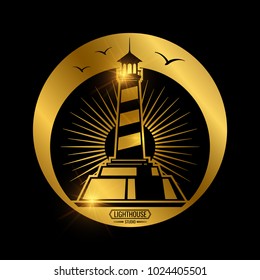 Vintage nautical label with lighthouse and shiny element. Vector illustration