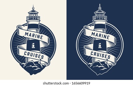 Vintage nautical label with ribbon around lighthouse in monochrome style isolated vector illustration