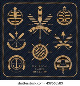 Vintage nautical label set on dark striped background. Icons and design elements.