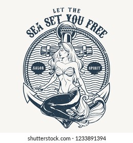 Vintage nautical label template with mermaid sitting on anchor in monochrome style vector illustration
