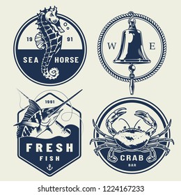 Vintage nautical labels collection with inscriptions seahorse ship bell swordfish crab isolated vector illustration