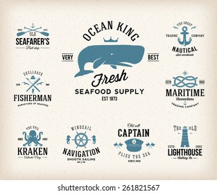 Vintage Nautical Labels or Design Elements With Retro Textures and Typography. Anchors, Steering Wheel, Knots, Seagulls, Wale, etc. Fits Perfect for a T-shirt Design. Isolated Vector Illustration.