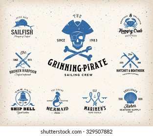 Vintage Nautical Labels or Design Elements With Retro Textures and Typography. Pirates, Harpoons, Seashells, Mermaid, Sailfish. Perfect for a T-shirt Design, Logos so on. Isolated Vector Illustration.