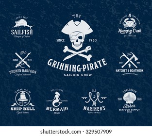 Vintage Nautical Labels or Design Elements With Retro Textures and Typography. Pirates, Harpoons, Mermaid, Sailfish, etc. Fits Perfect for a T-shirt Design, Logos so on. Isolated Vector Illustration.