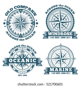 Vintage Nautical Labels, Emblems, Logo, Badges With Compass And Ribbons