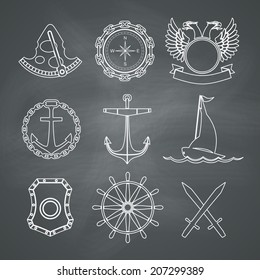 Vintage nautical labels, icons and design elements. Vector set on chalkboard background
